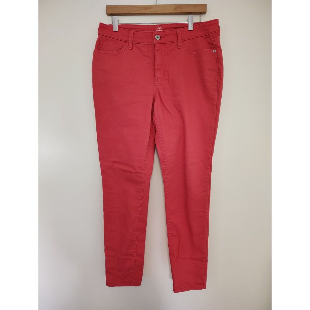 St John’s Bay Women’s Skinny Pants Coral Red Stretch 5 Pocket Preppy Costal